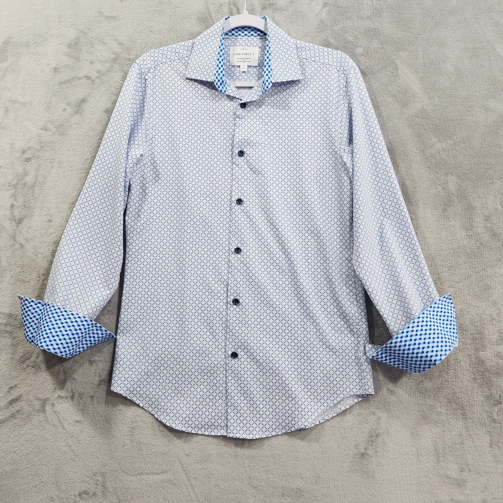 CONSTRUCT Dress Shirt Mens S 14.5 32/33 Blue Geometric Slim Fit Stretch Office